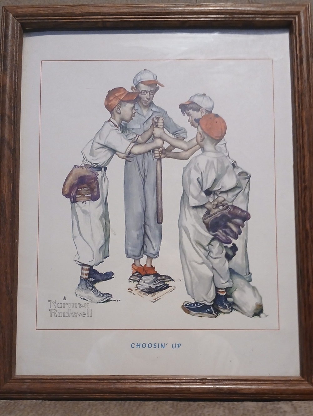 Norman Rockwell Boys in Baseball Uniforms with Orange Caps and Blue Shoes